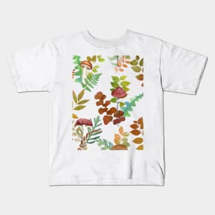 Fall leaves, red mushrooms seamless pattern. Fly agarics watercolor botanical illustration. Autumn woodland fantasy Kids T-Shirt